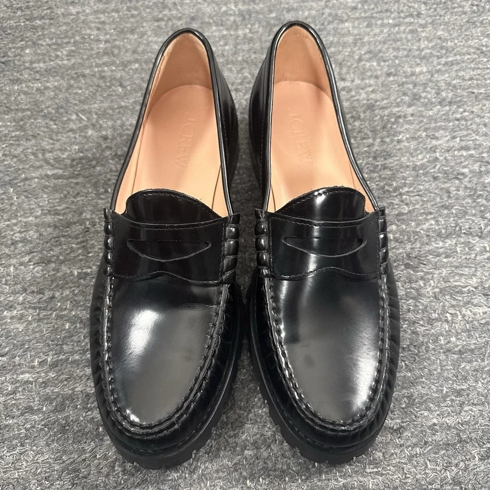 J Crew Winona Lug Sole Penny Loafers Women 9 Black Spazzolato Leather Chunky - Picture 3 of 12
